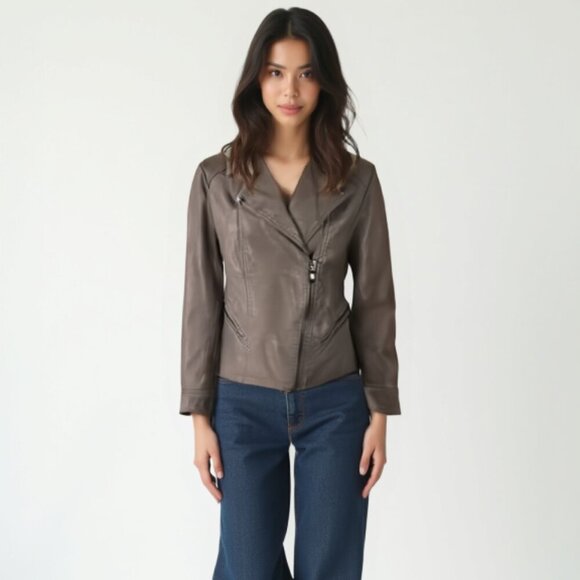 ROZ & ALI Women's Gray faux Leather Jacket petite M - Picture 1 of 13